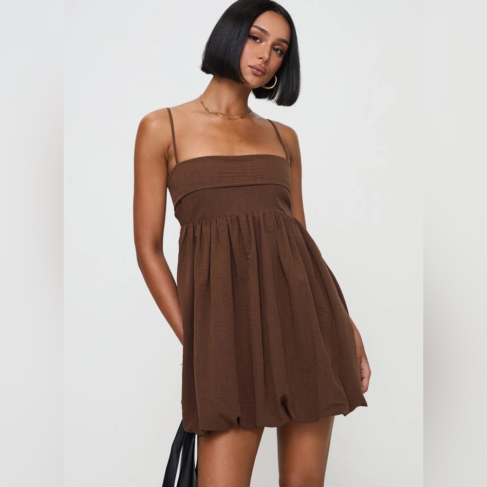 NWT Princess Polly Layken Bubble Hem Mini Dress Chocolate Brown Size US 6
